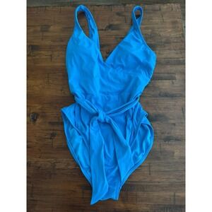 Mynah‎ Swimsuit Women's One Piece Blue Pull on V-Neck with Accent Belt Size L